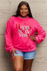 Simply Love Full Size HAPPY NEW YEAR Round Neck Sweatshirt Deep Rose / S