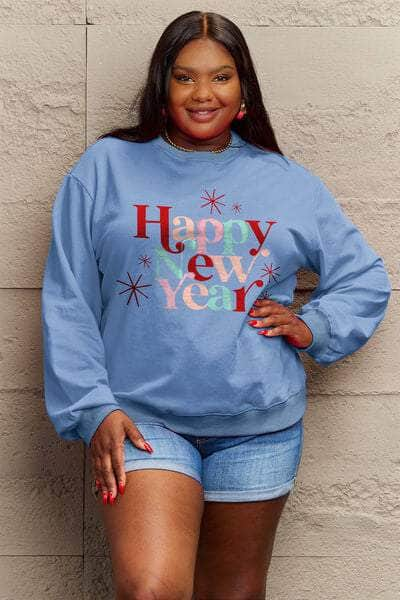 Simply Love Full Size HAPPY NEW YEAR Round Neck Sweatshirt Misty  Blue / S