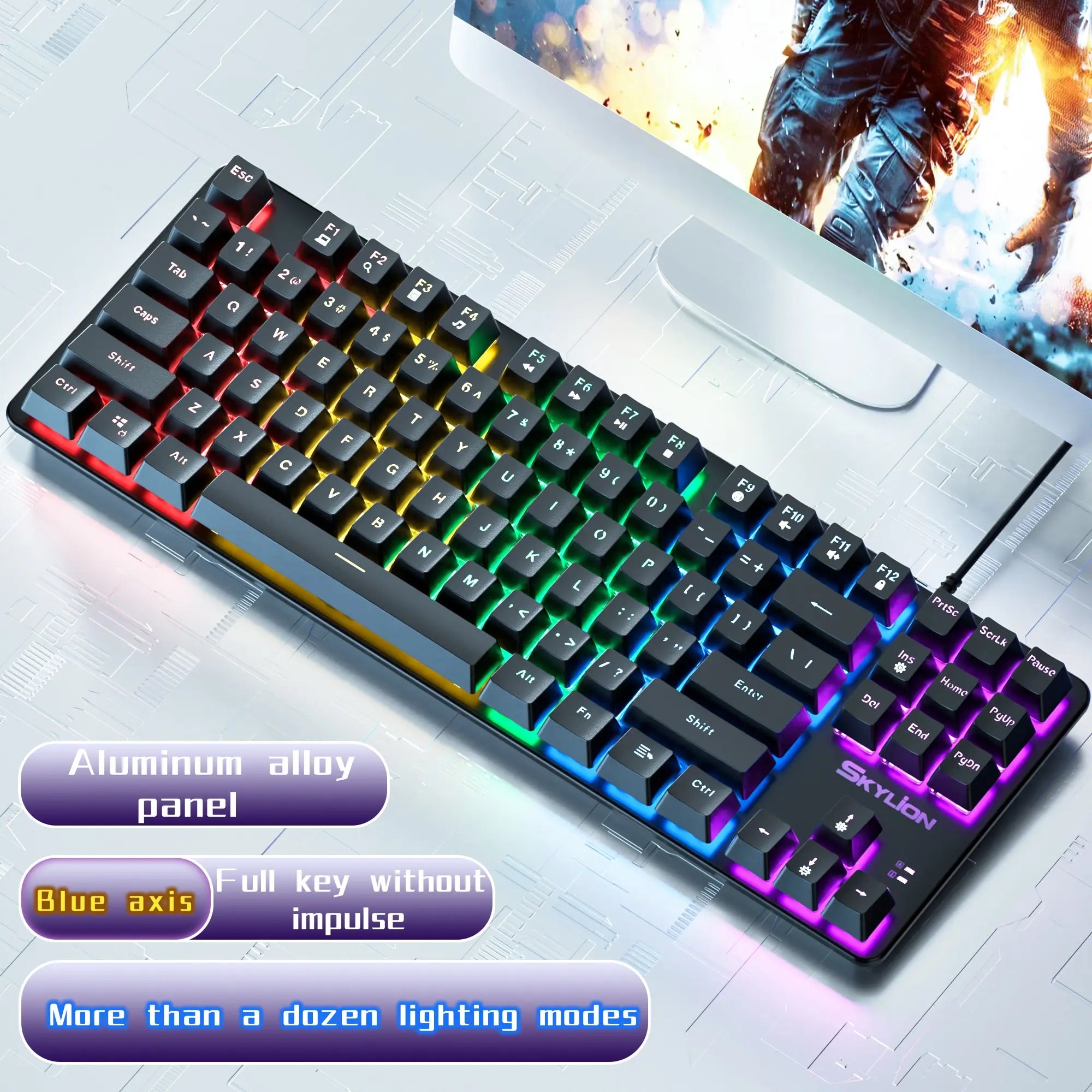 SKYLION H87 Wired Mechanical Keyboard: 10 Colorful Lighting Modes for Gaming & Office | Compatible with Windows & iOS Green Shaft / black