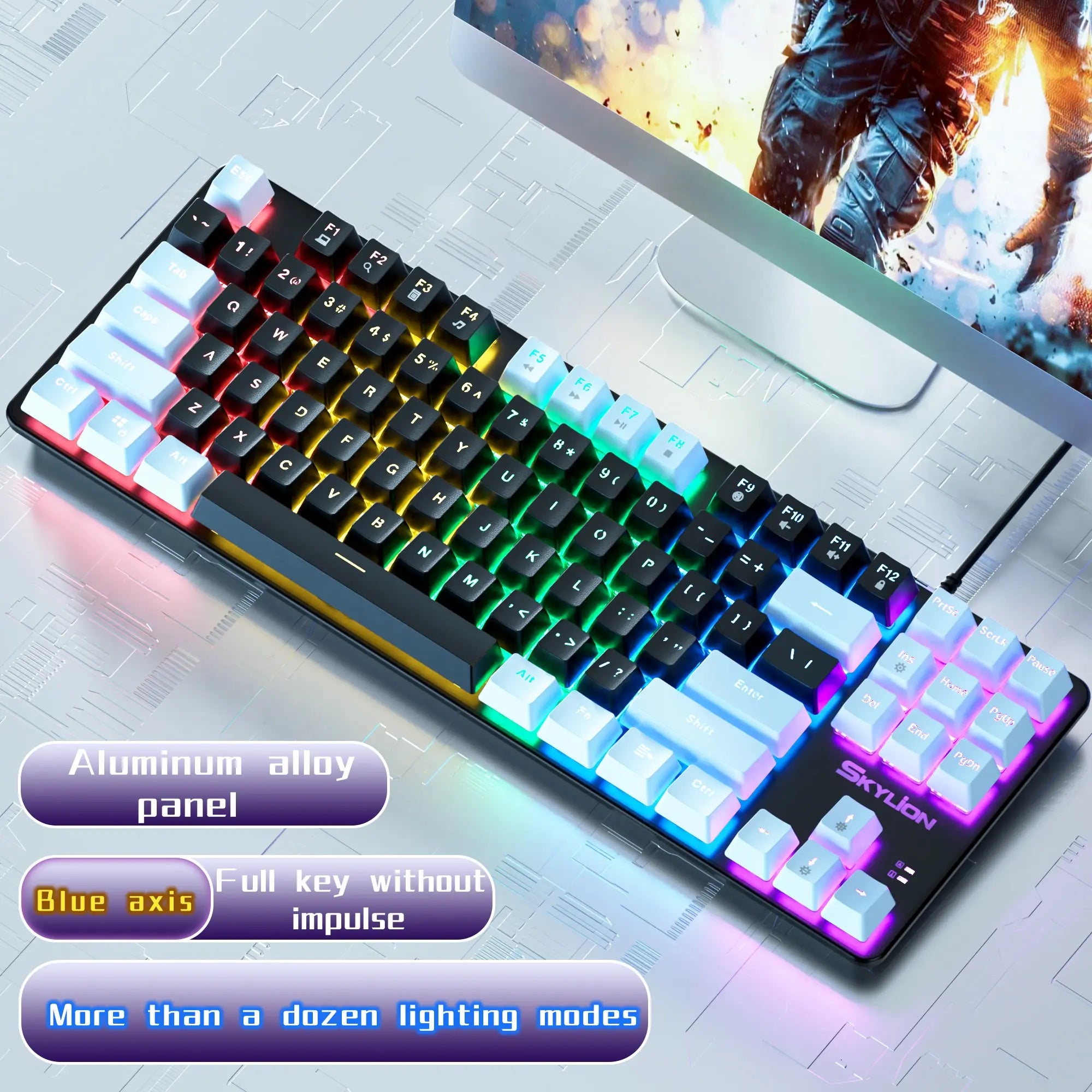 SKYLION H87 Wired Mechanical Keyboard: 10 Colorful Lighting Modes for Gaming & Office | Compatible with Windows & iOS Green Shaft / black-blue