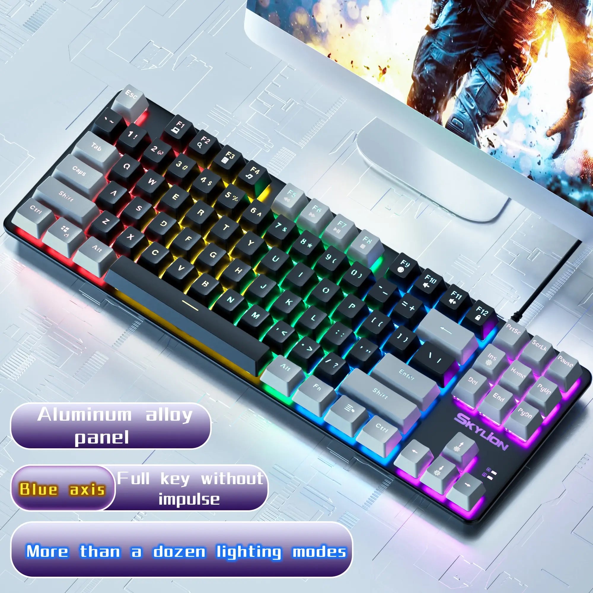 SKYLION H87 Wired Mechanical Keyboard: 10 Colorful Lighting Modes for Gaming & Office | Compatible with Windows & iOS Green Shaft / black-grey