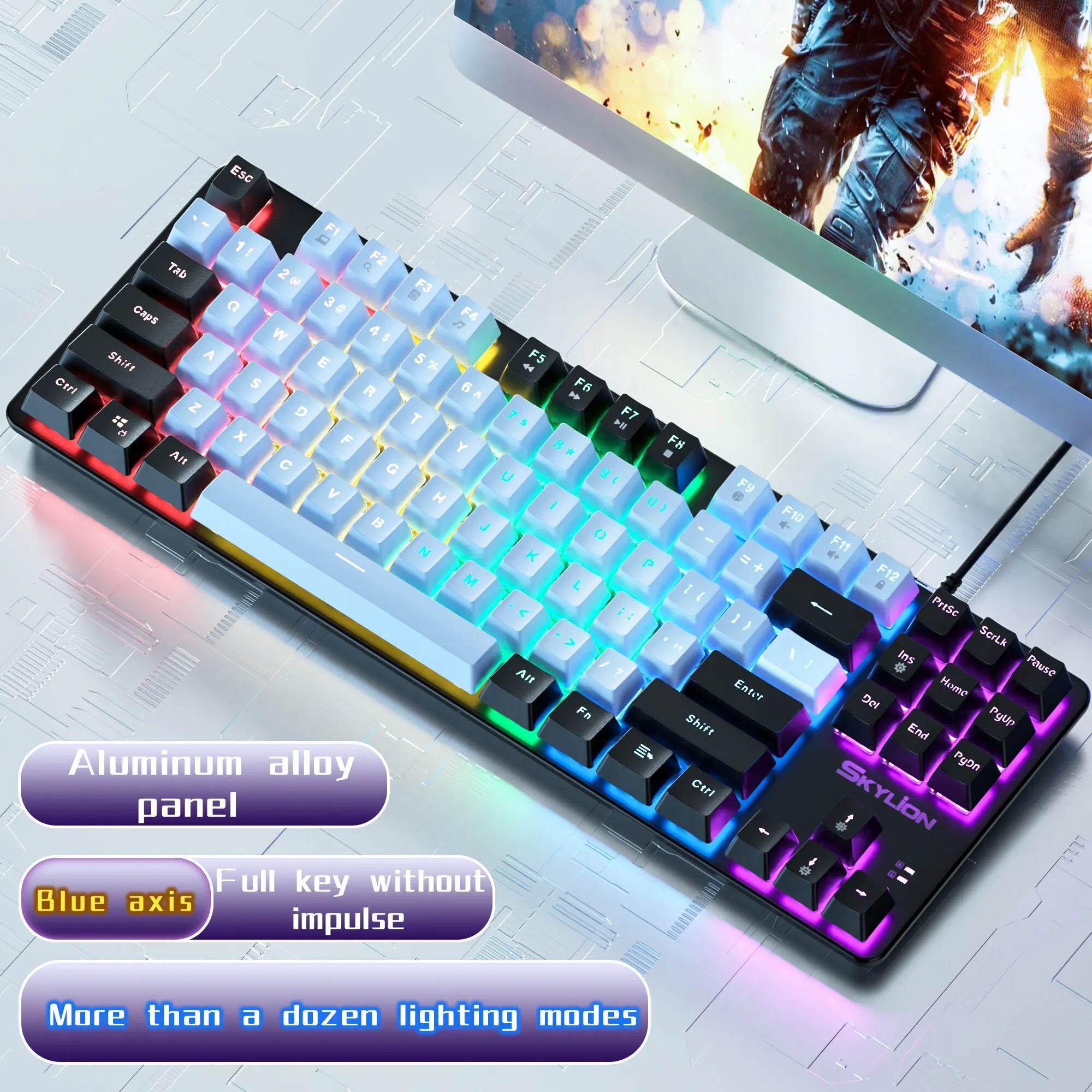 SKYLION H87 Wired Mechanical Keyboard: 10 Colorful Lighting Modes for Gaming & Office | Compatible with Windows & iOS Green Shaft / blue-black