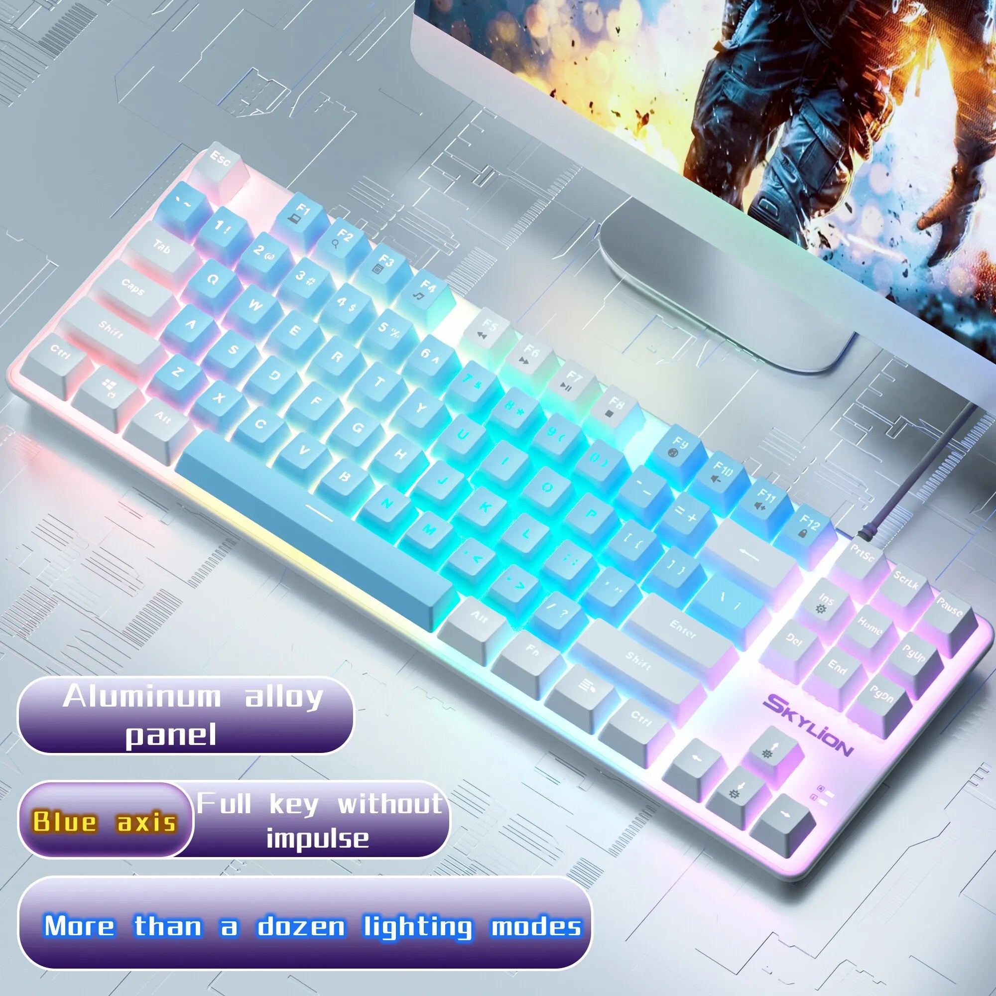 SKYLION H87 Wired Mechanical Keyboard: 10 Colorful Lighting Modes for Gaming & Office | Compatible with Windows & iOS Green Shaft / blue-white