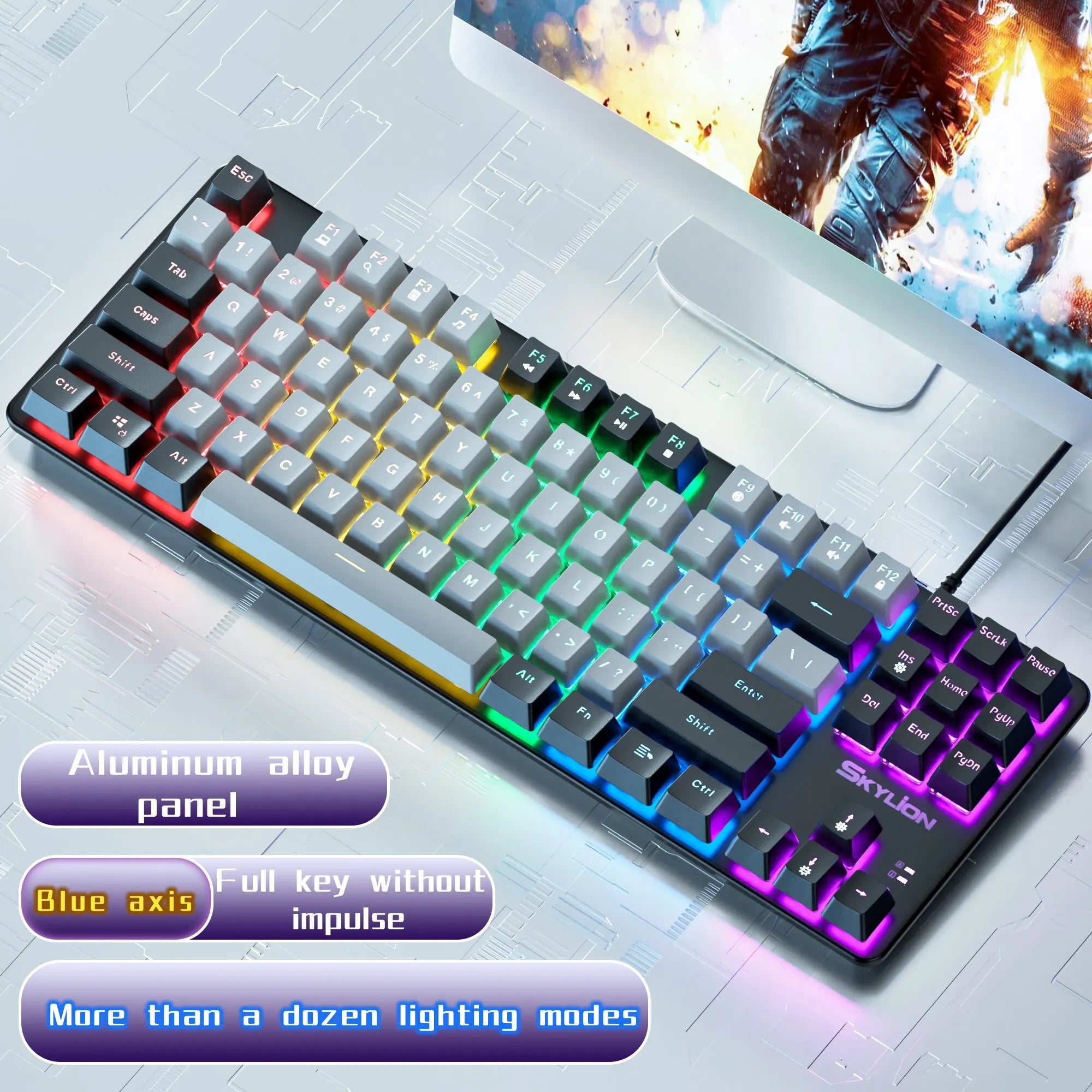 SKYLION H87 Wired Mechanical Keyboard: 10 Colorful Lighting Modes for Gaming & Office | Compatible with Windows & iOS Green Shaft / grey-black