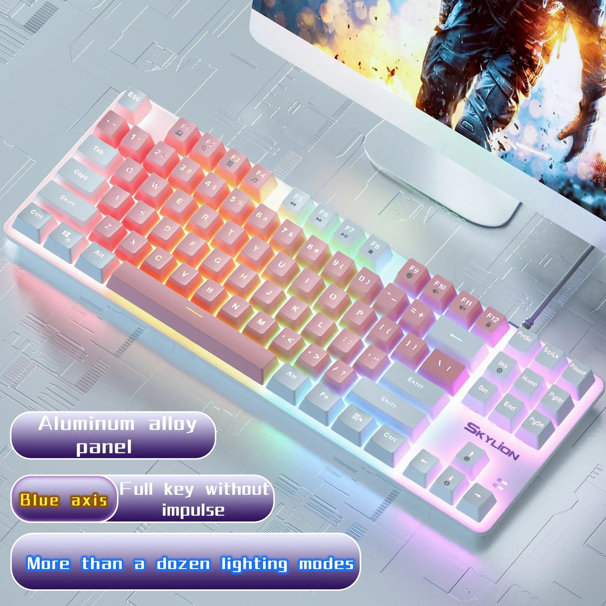 SKYLION H87 Wired Mechanical Keyboard: 10 Colorful Lighting Modes for Gaming & Office | Compatible with Windows & iOS Green Shaft / pink-white