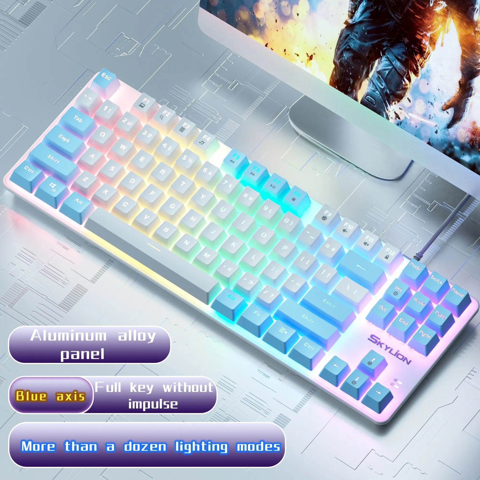 SKYLION H87 Wired Mechanical Keyboard: 10 Colorful Lighting Modes for Gaming & Office | Compatible with Windows & iOS Green Shaft / white-blue