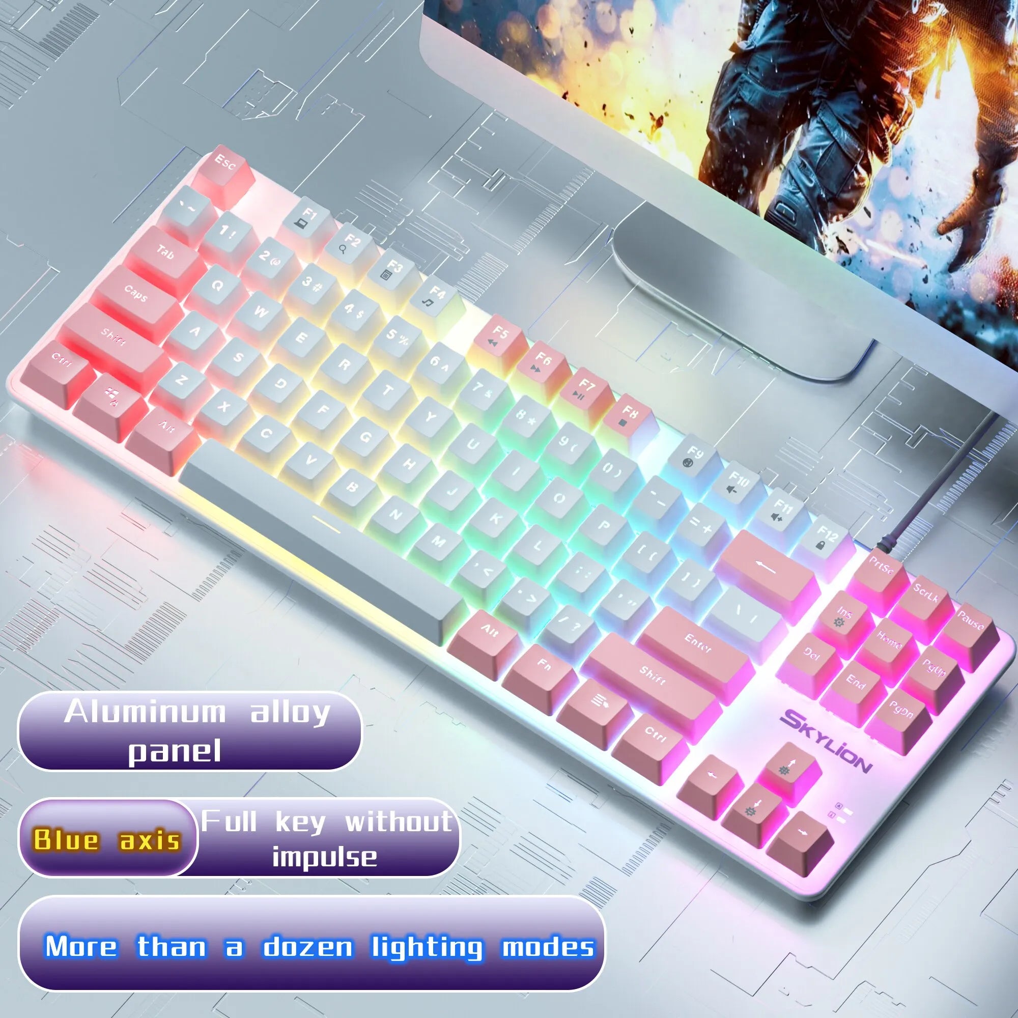 SKYLION H87 Wired Mechanical Keyboard: 10 Colorful Lighting Modes for Gaming & Office | Compatible with Windows & iOS Green Shaft / white-pink