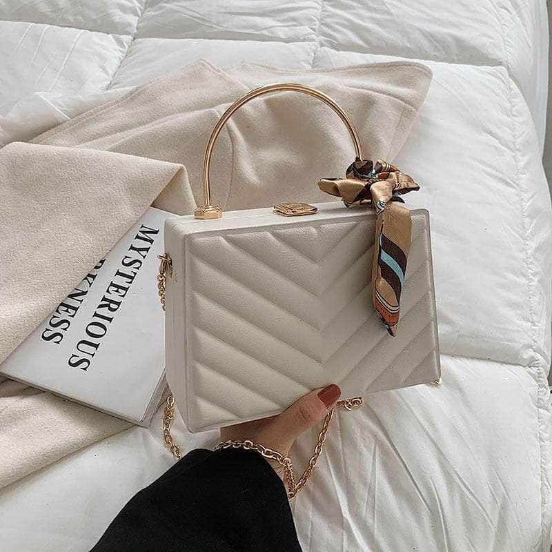 Sleek Box Crossbody Bag with Silk Ribbon Accent White / Celestial