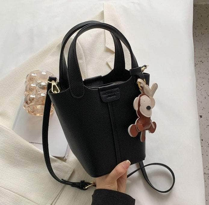 Sleek Crossbody Bucket Bag with Bear Charm Black