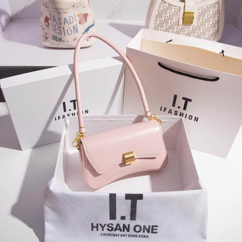 Sleek Leather Metal Lock Shoulder Bag Light-Pink