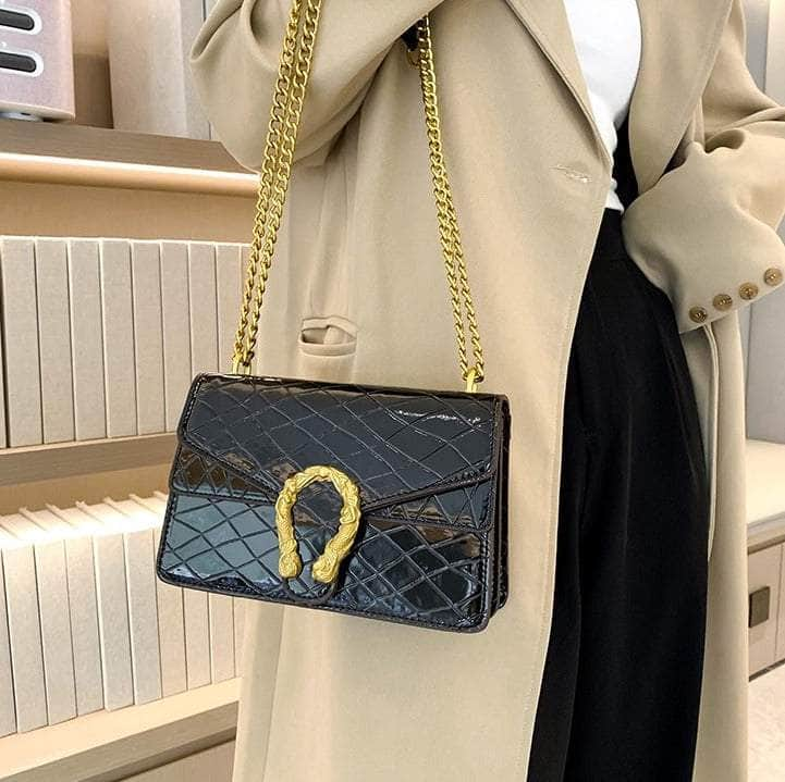 Sleek Square Leather Bag With Chain Strap