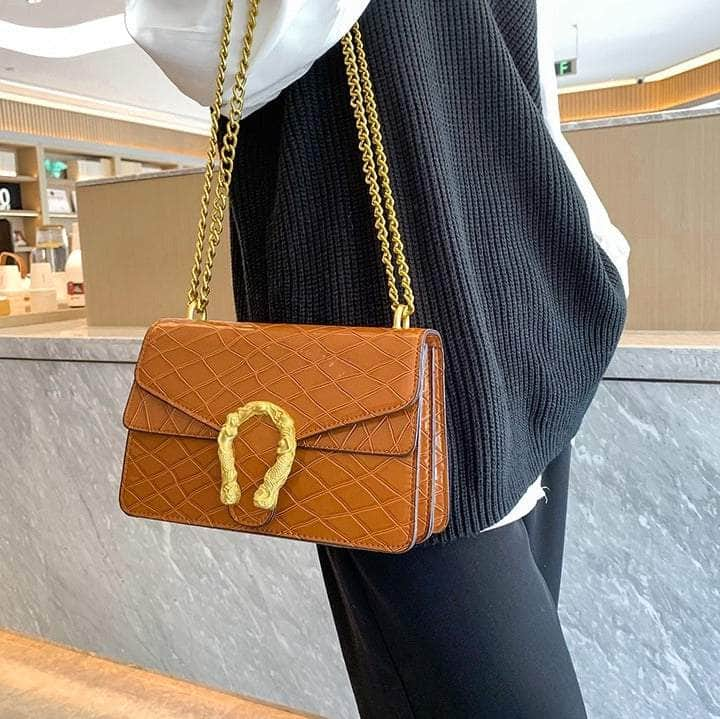 Sleek Square Leather Bag With Chain Strap