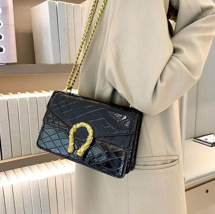 Sleek Square Leather Bag With Chain Strap