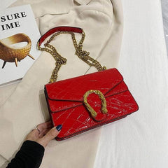 Sleek Square Leather Bag With Chain Strap Red