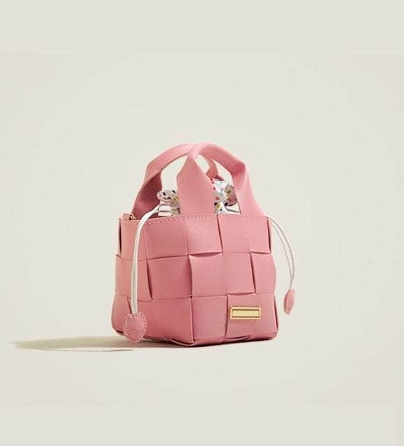 Sleek Square Woven Leather Handbag Pink