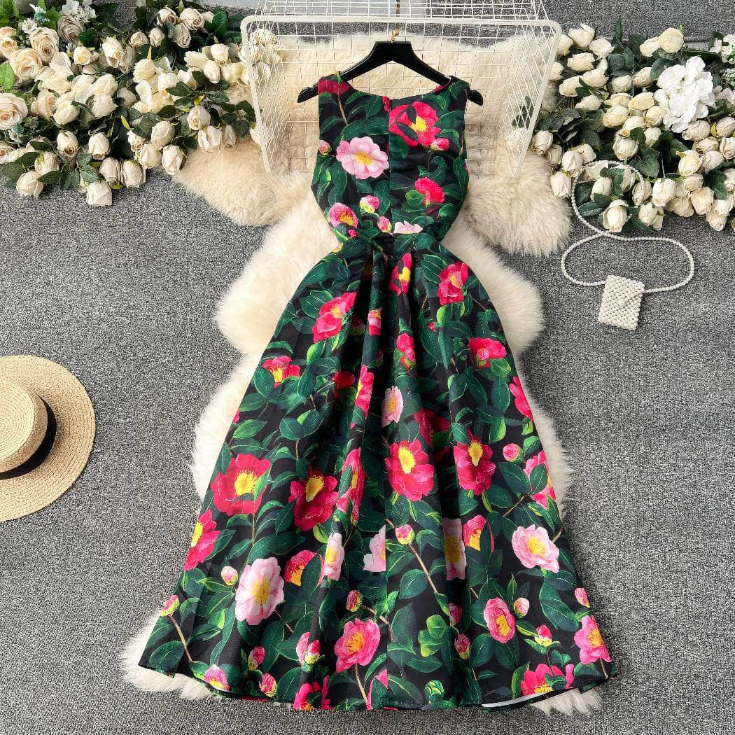 Sleeveless Floral Print A-line Pleated Cocktail Dress