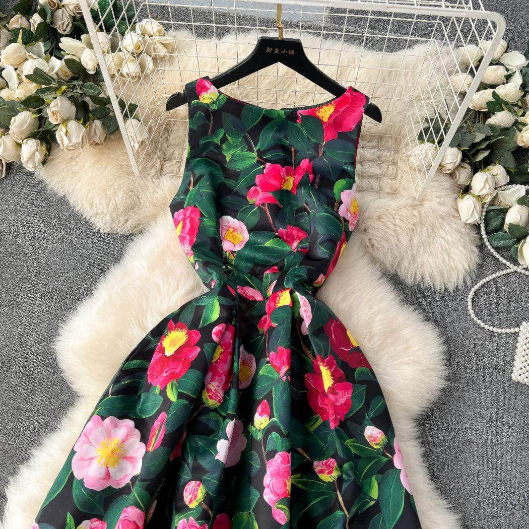 Sleeveless Floral Print A-line Pleated Cocktail Dress