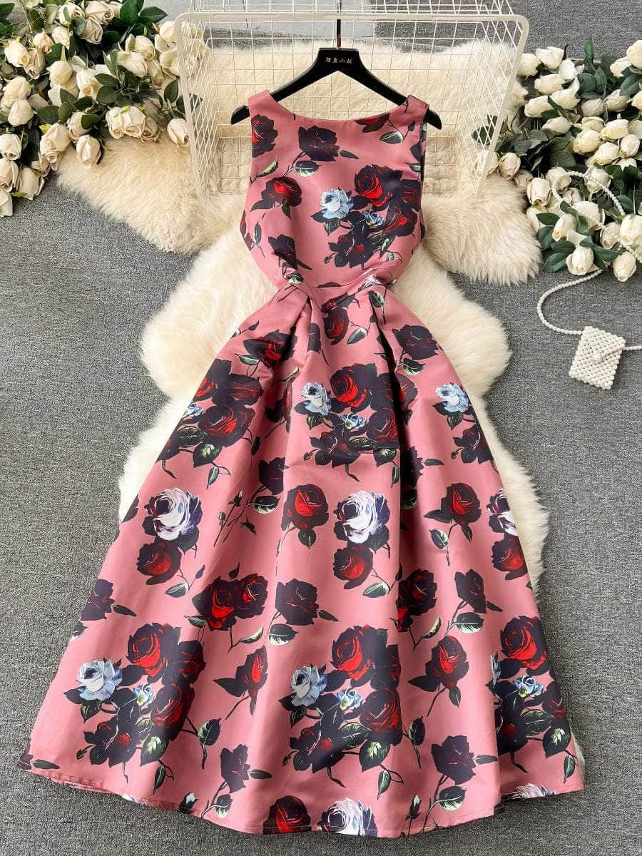 Sleeveless Floral Print Aline Large Pleat Dress