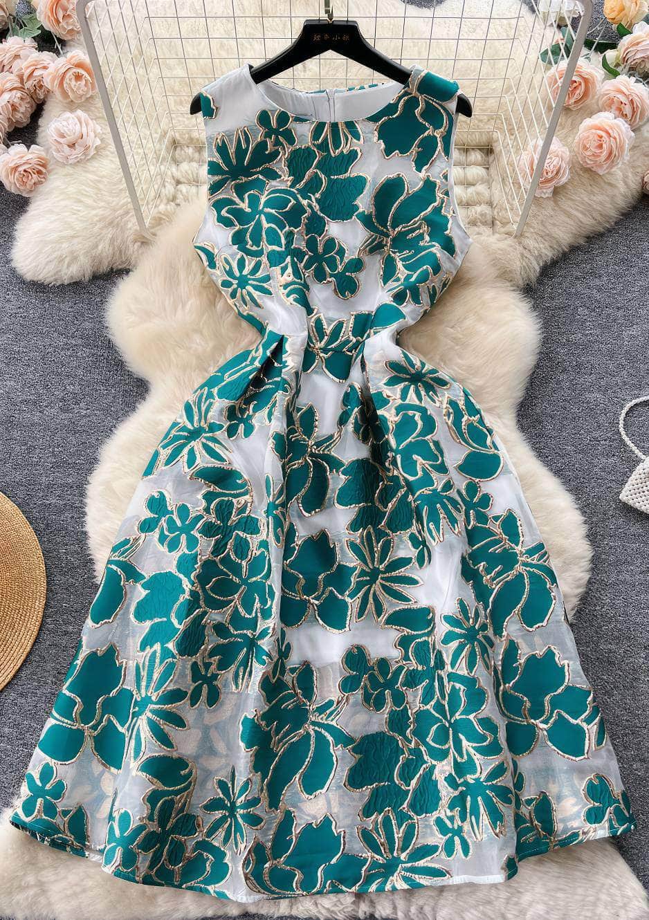 Sleeveless Floral Print Jacquard A-line Dress S / Turquoise