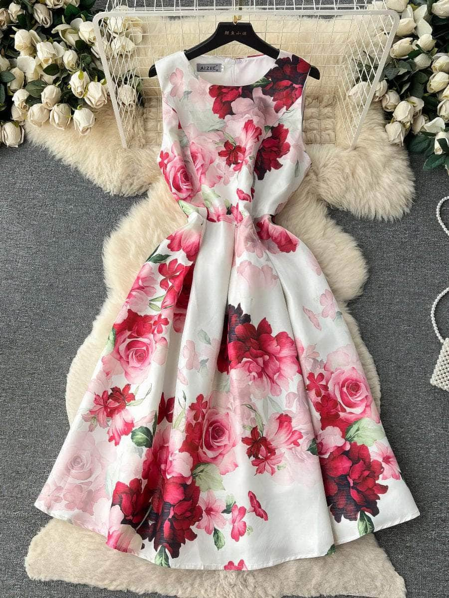 Sleeveless Floral Print Pleated Midi Dress