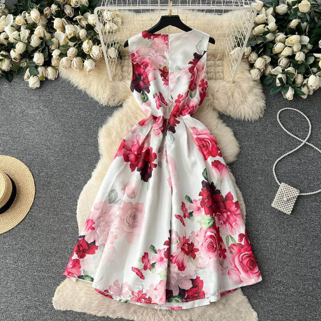 Sleeveless Floral Print Pleated Midi Dress