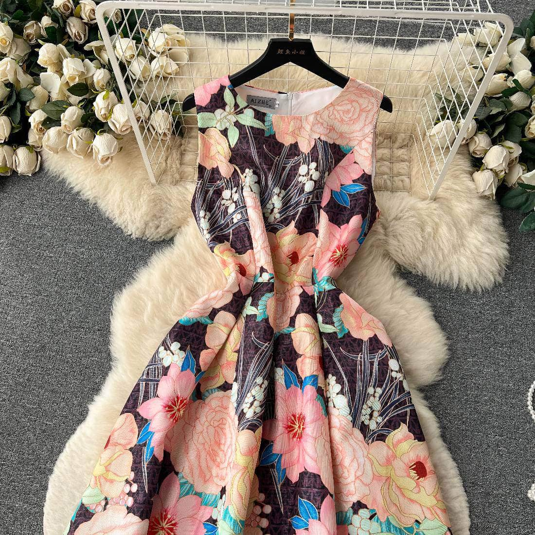 Sleeveless Floral Print Pleated Midi Dress