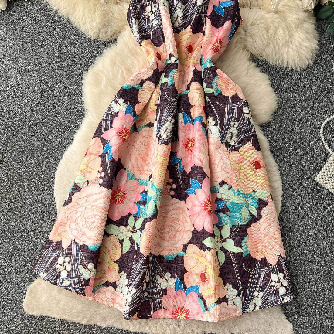 Sleeveless Floral Print Pleated Midi Dress