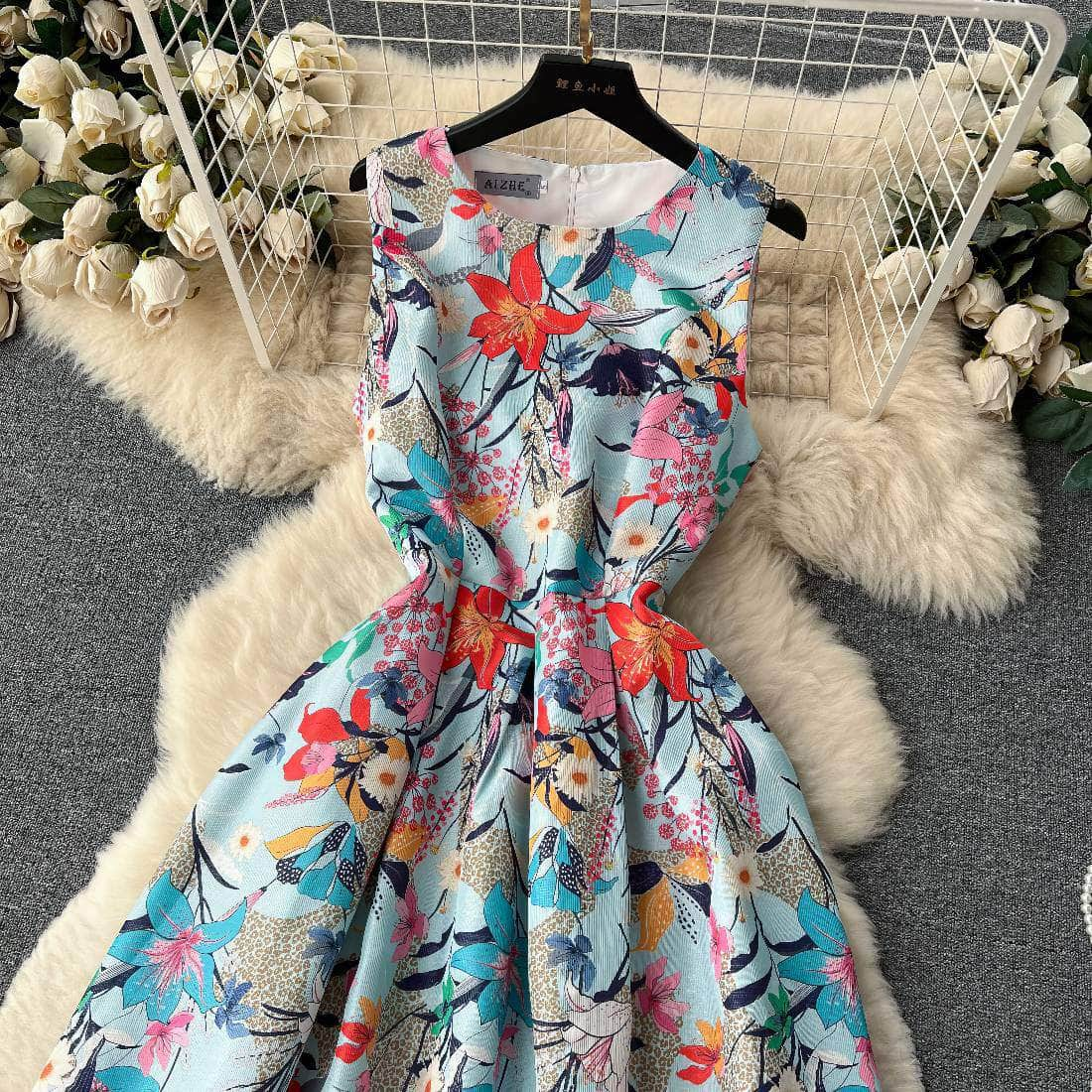 Sleeveless Floral Print Pleated Midi Dress