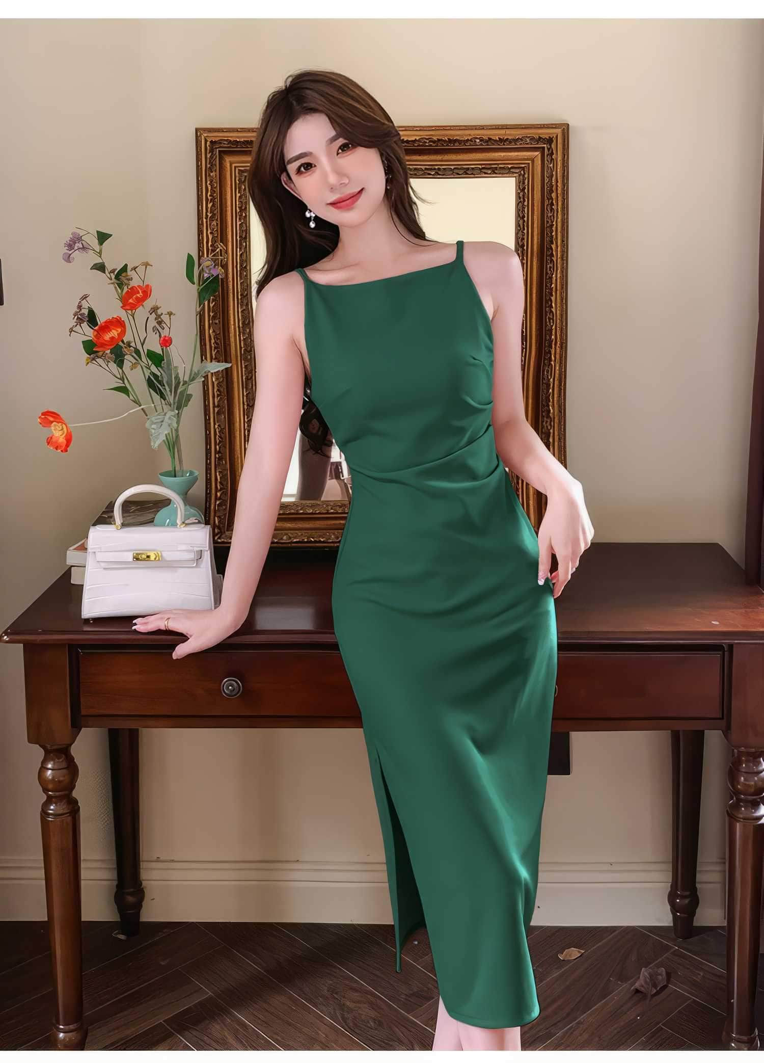 Sleeveless High Waist Side Slit Dress S / DarkGreen