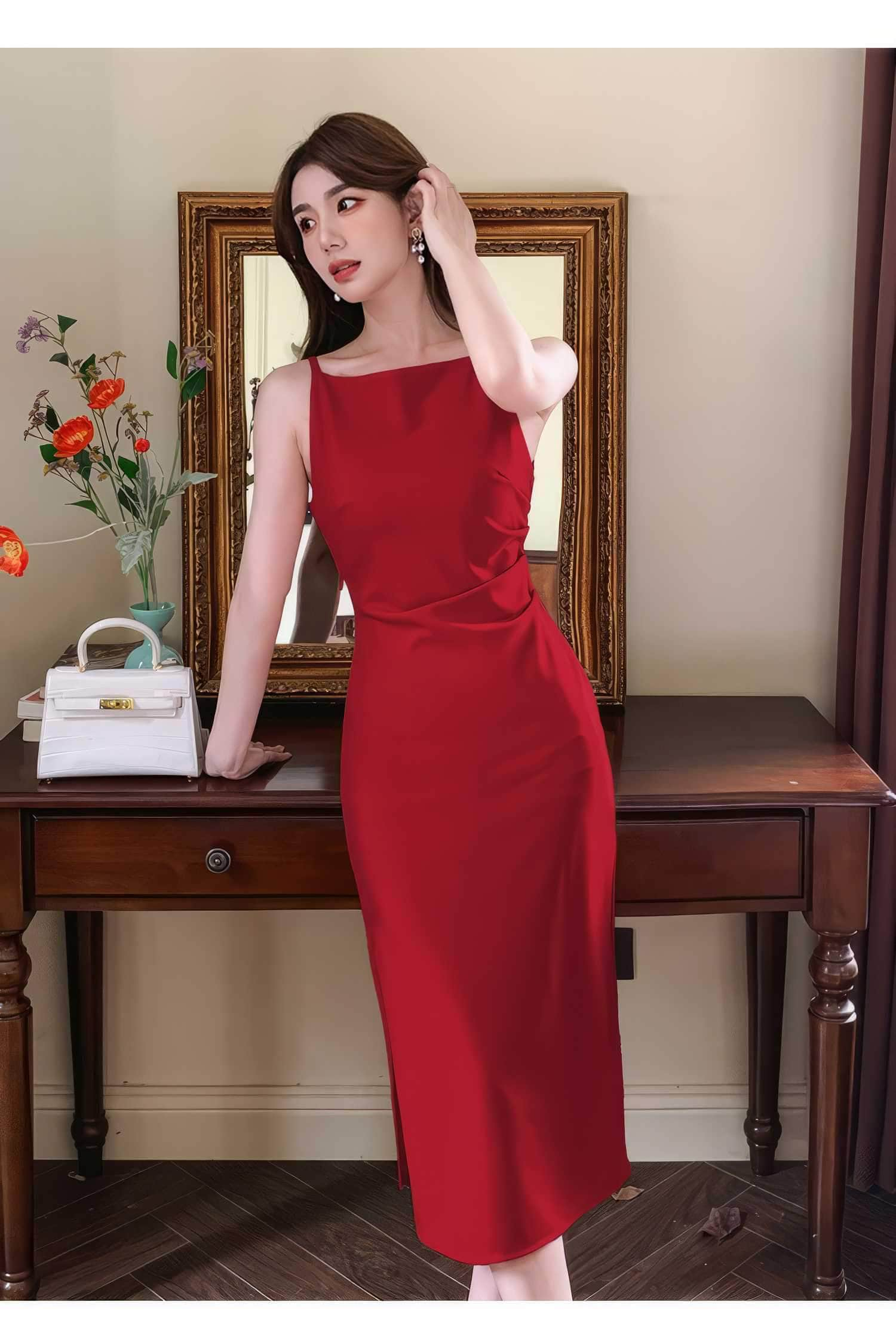 Sleeveless High Waist Side Slit Dress S / DarkRed