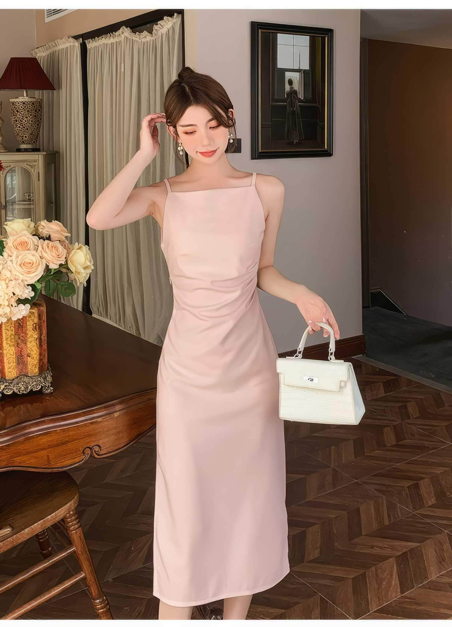 Sleeveless High Waist Side Slit Dress S / LightPink