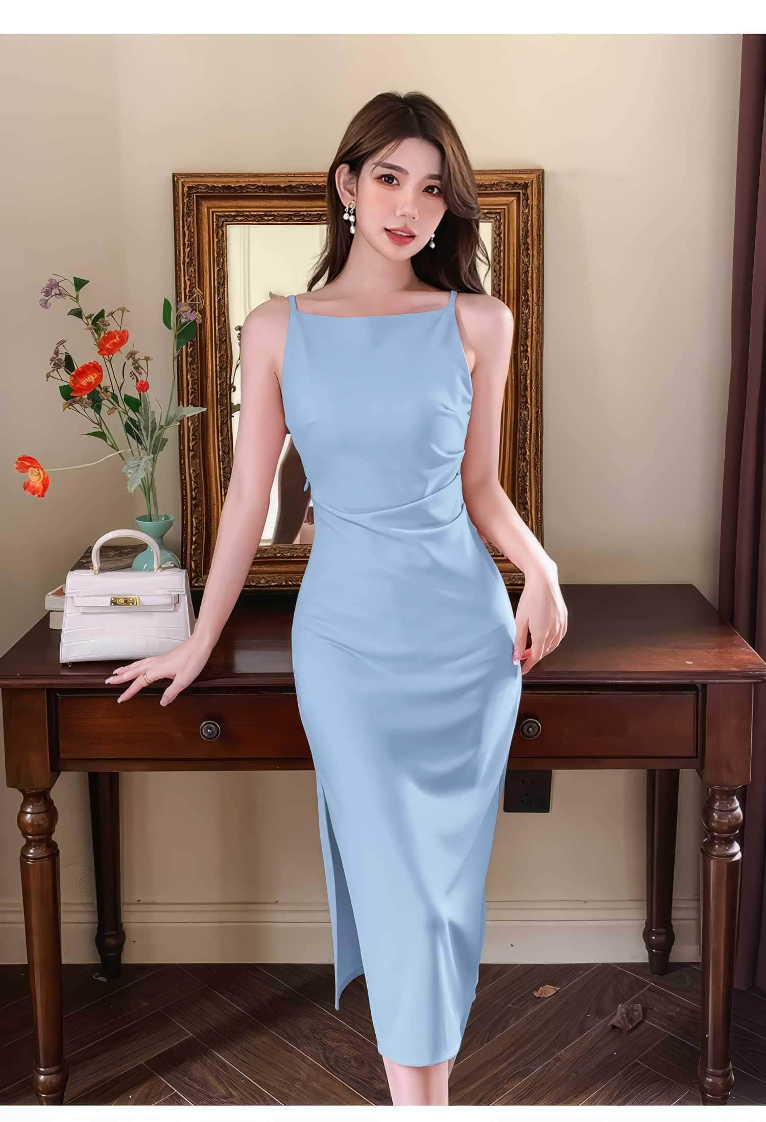 Sleeveless High Waist Side Slit Dress S / LightSkyBlue