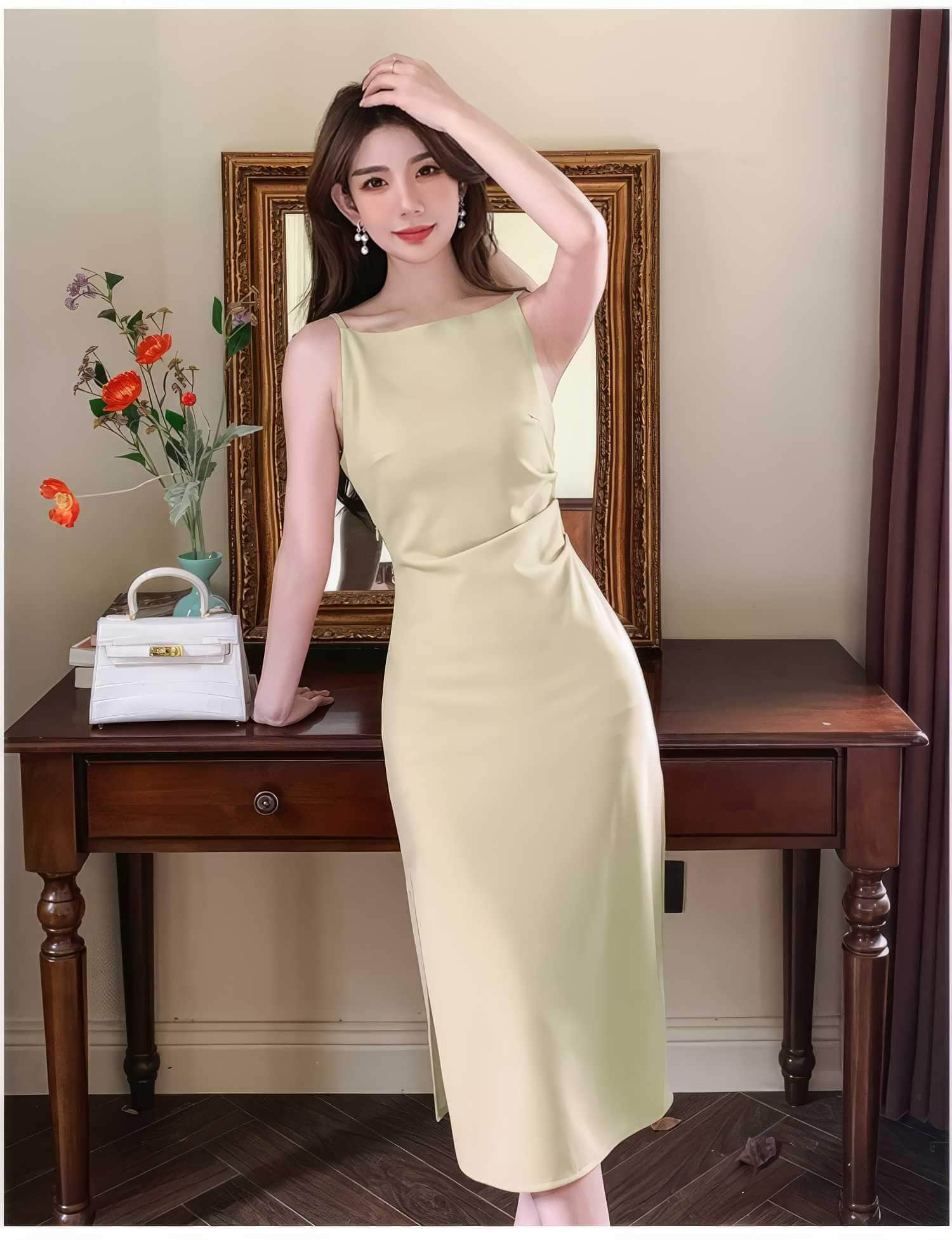 Sleeveless High Waist Side Slit Dress S / LightYellow