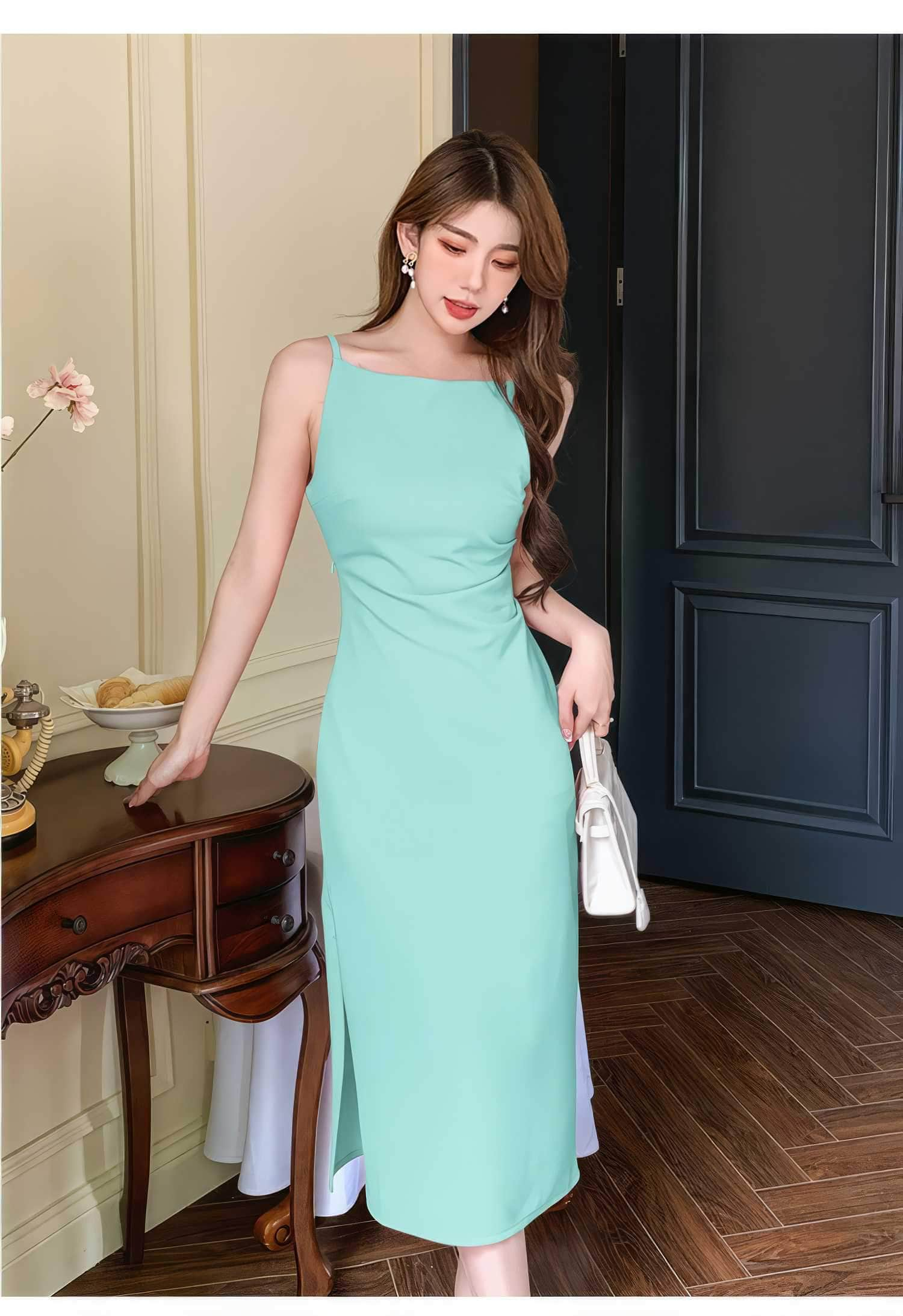 Sleeveless High Waist Side Slit Dress S / MediumTurquoise