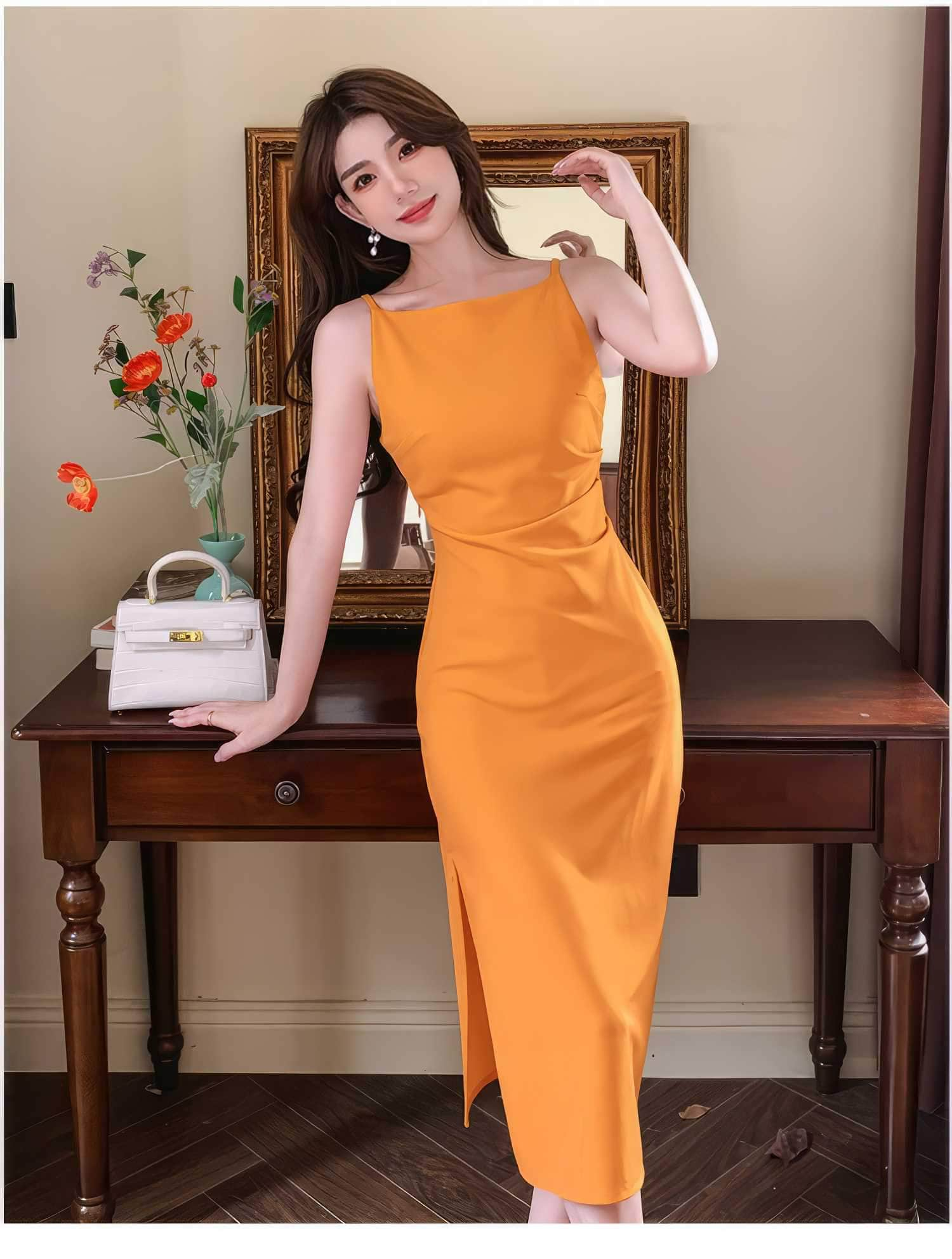 Sleeveless High Waist Side Slit Dress S / Orange