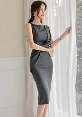 Sleeveless Knot Detail Slim Fit Dress S / DimGray