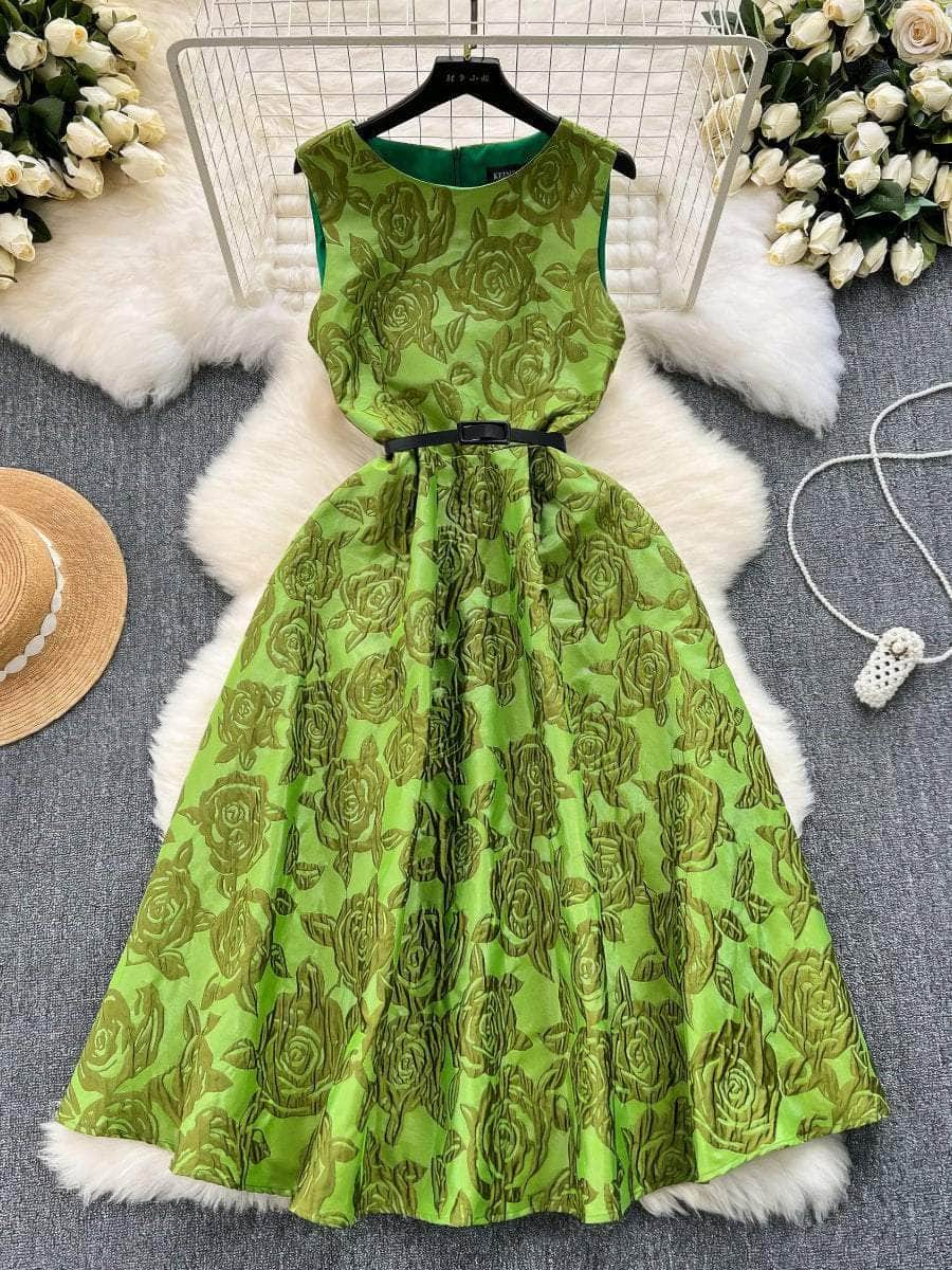 Sleeveless Round Neck Embroidered Aline Pleated Dress S / YellowGreen