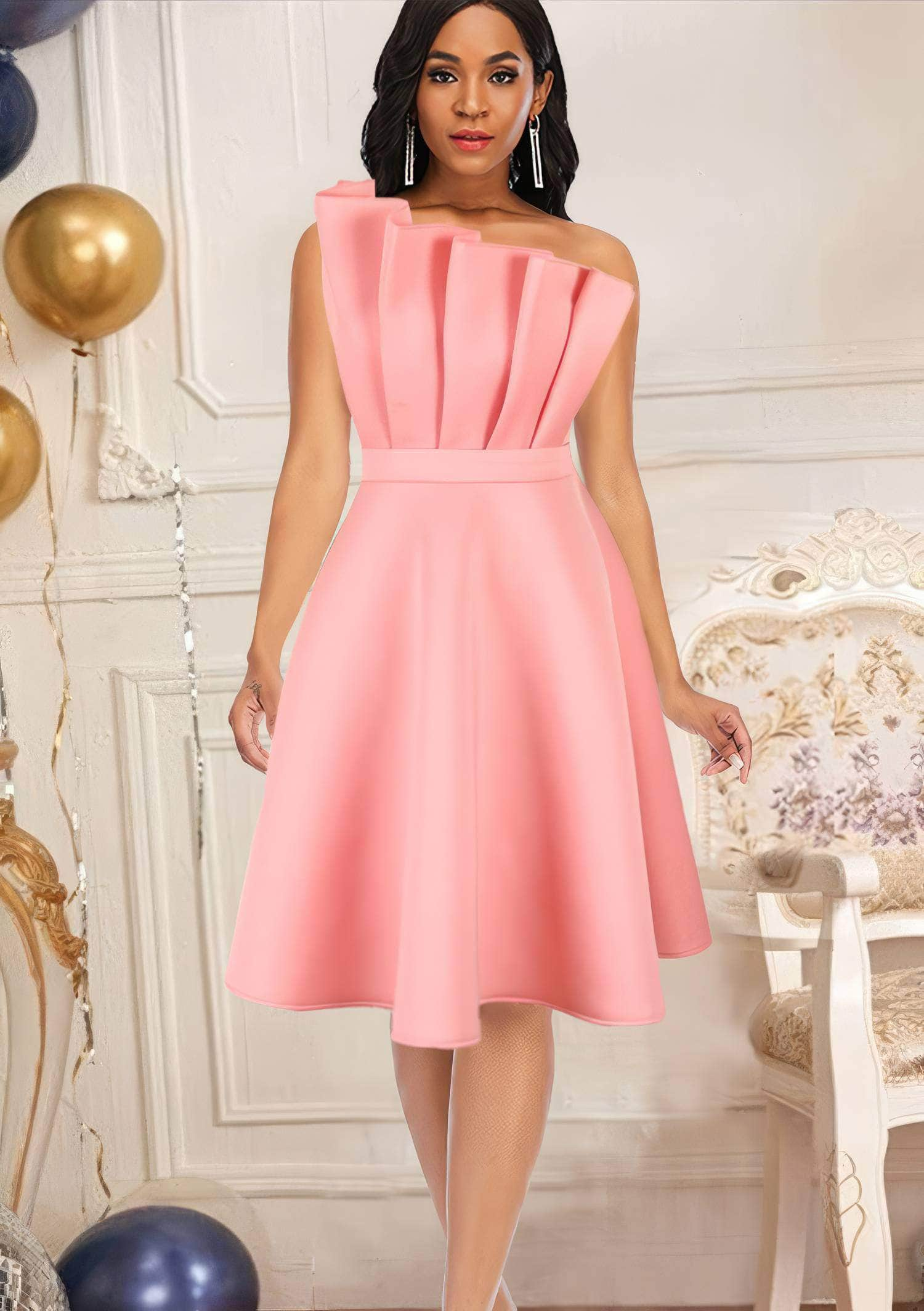 Sleeveless Ruched A-Line Pleated Skater Dress US 4-6 / LightPink