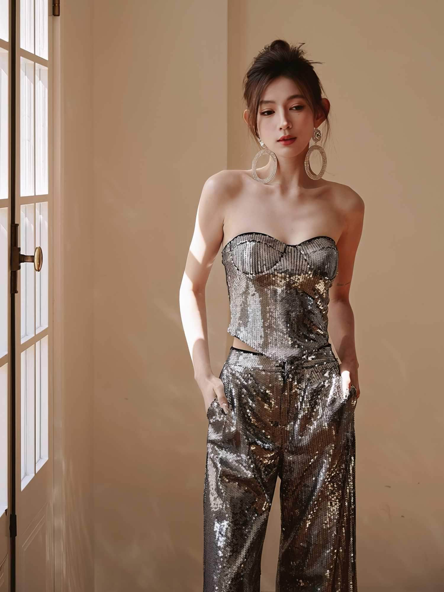 Sleeveless Wide-Leg Metallic Sequin Two-Piece Set