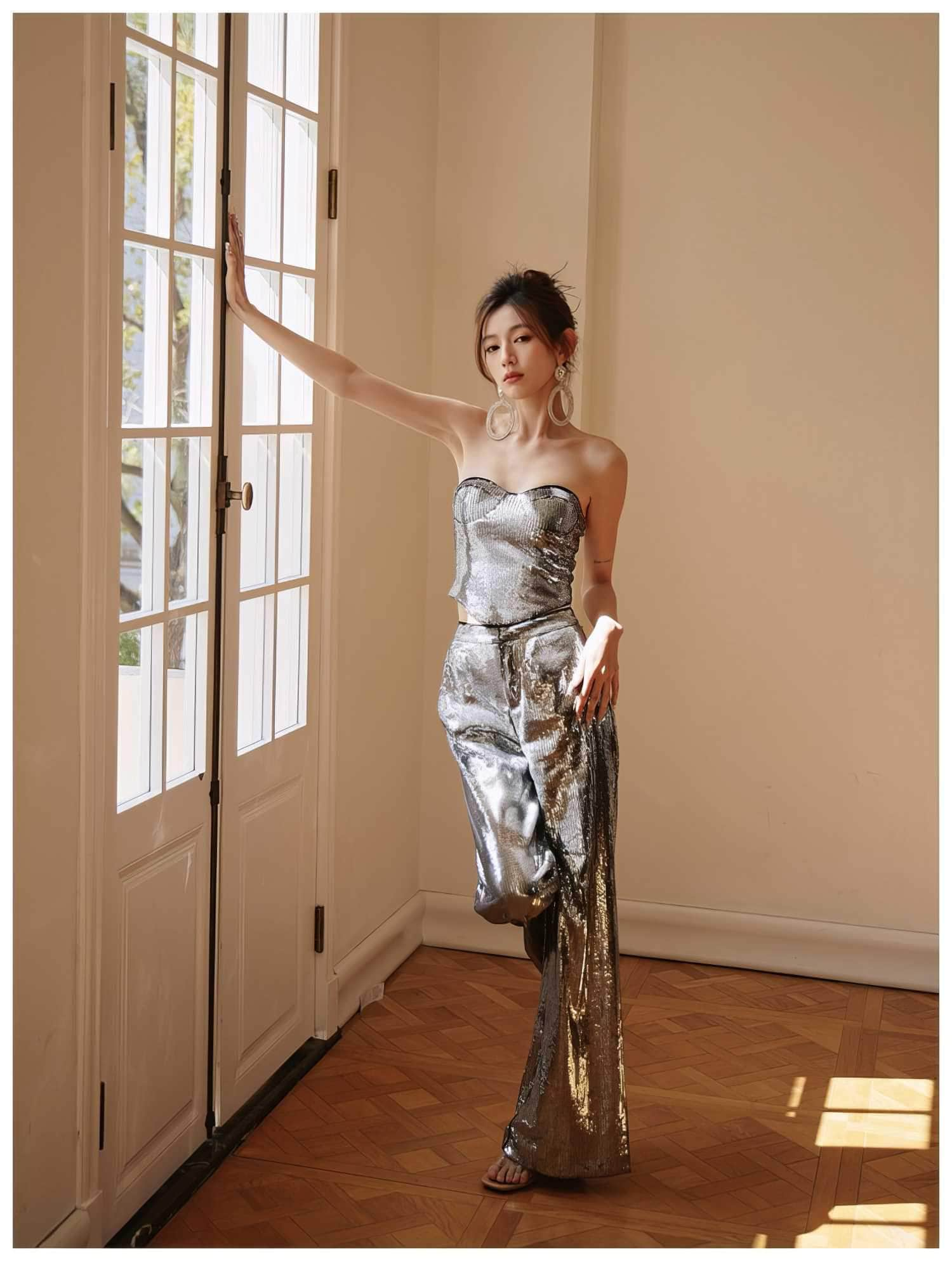 Sleeveless Wide-Leg Metallic Sequin Two-Piece Set