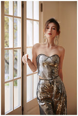 Sleeveless Wide-Leg Metallic Sequin Two-Piece Set