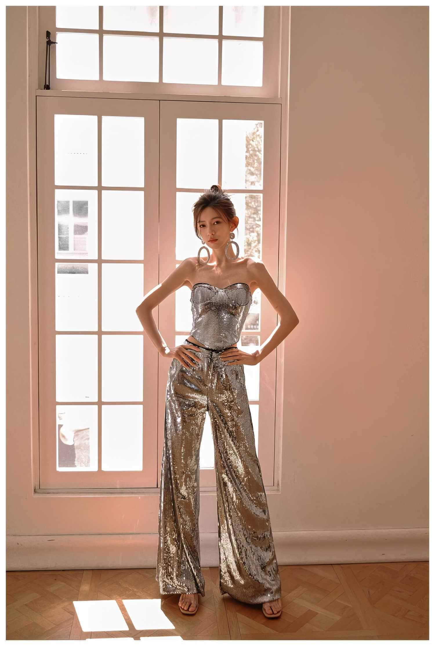 Sleeveless Wide-Leg Metallic Sequin Two-Piece Set