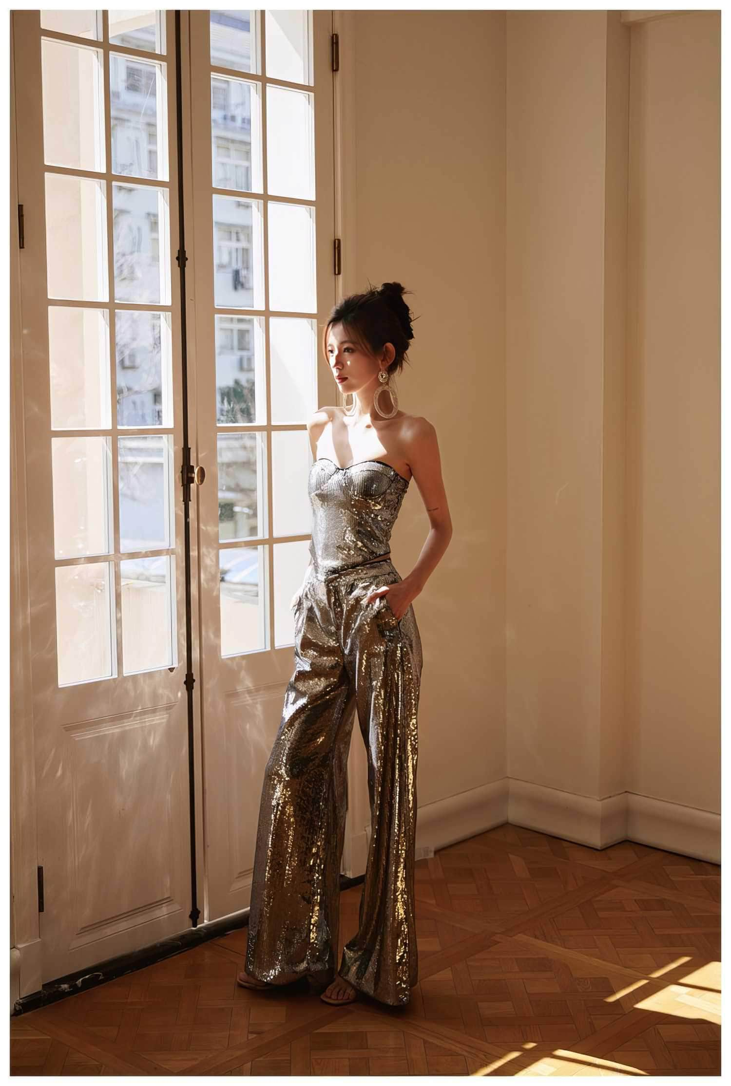 Sleeveless Wide-Leg Metallic Sequin Two-Piece Set