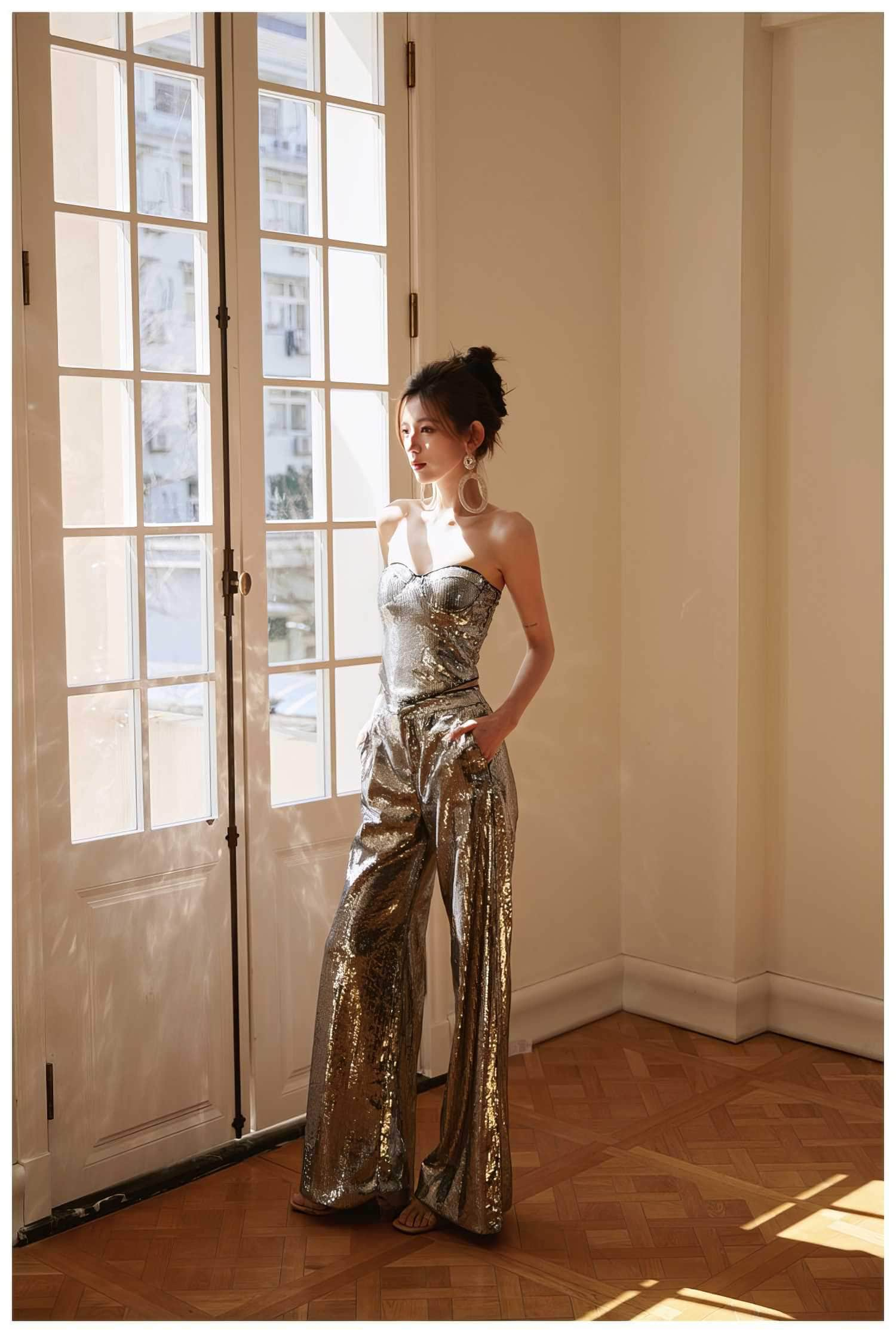 Sleeveless Wide-Leg Metallic Sequin Two-Piece Set