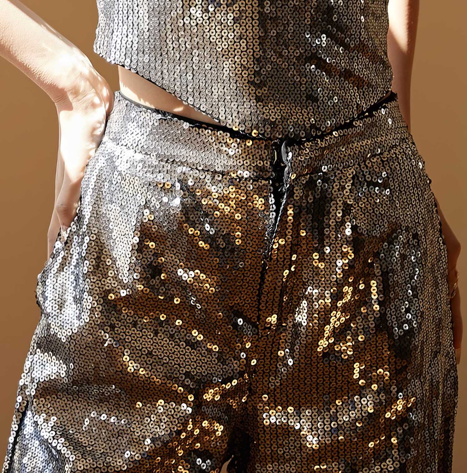 Sleeveless Wide-Leg Metallic Sequin Two-Piece Set