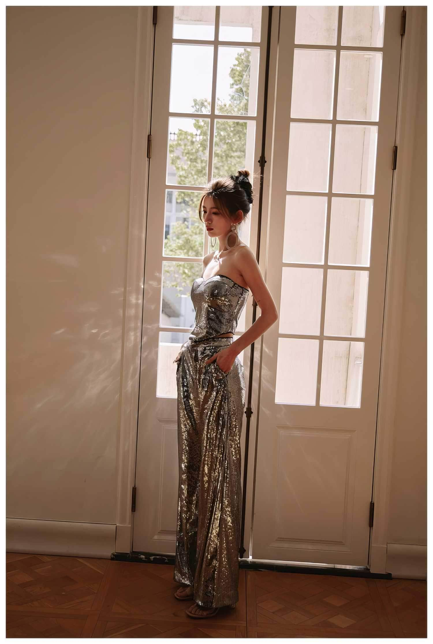 Sleeveless Wide-Leg Metallic Sequin Two-Piece Set