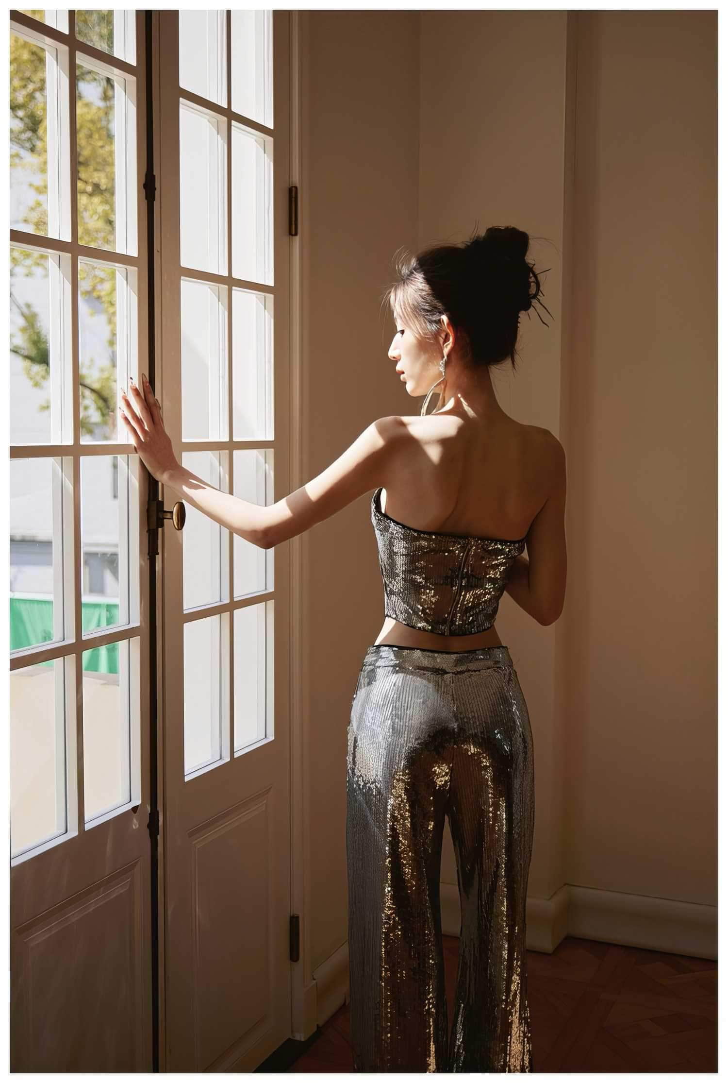 Sleeveless Wide-Leg Metallic Sequin Two-Piece Set