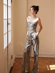 Sleeveless Wide-Leg Metallic Sequin Two-Piece Set