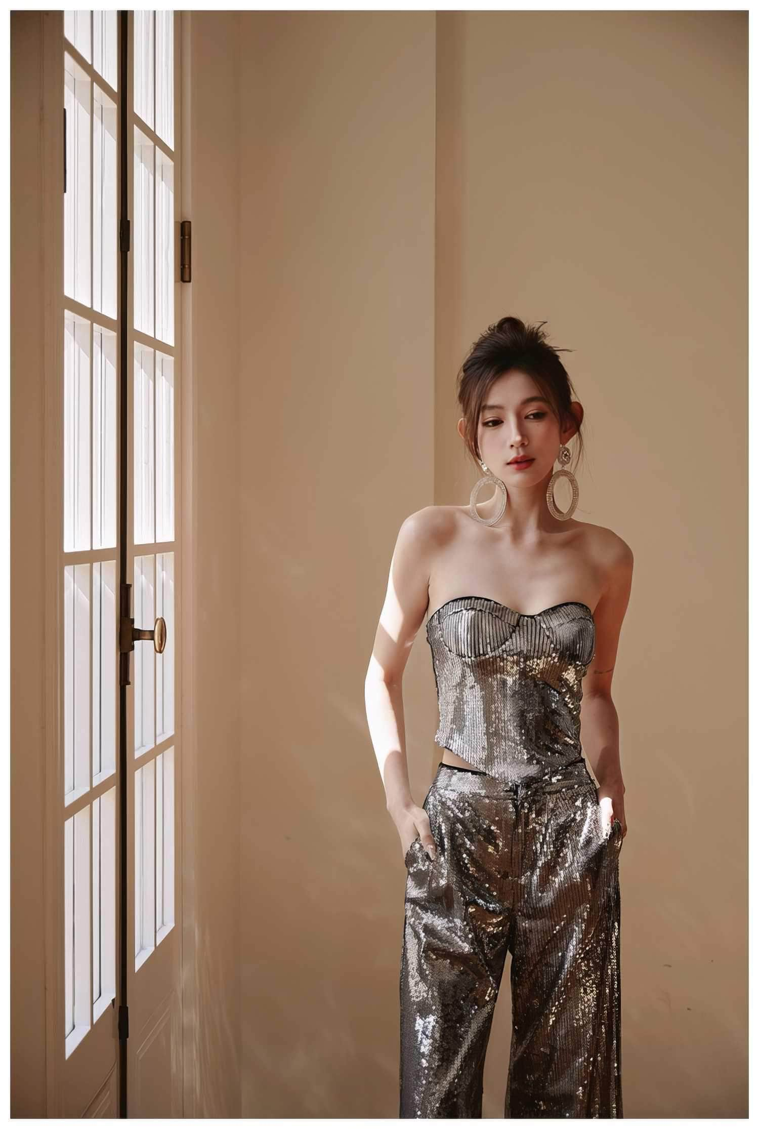 Sleeveless Wide-Leg Metallic Sequin Two-Piece Set