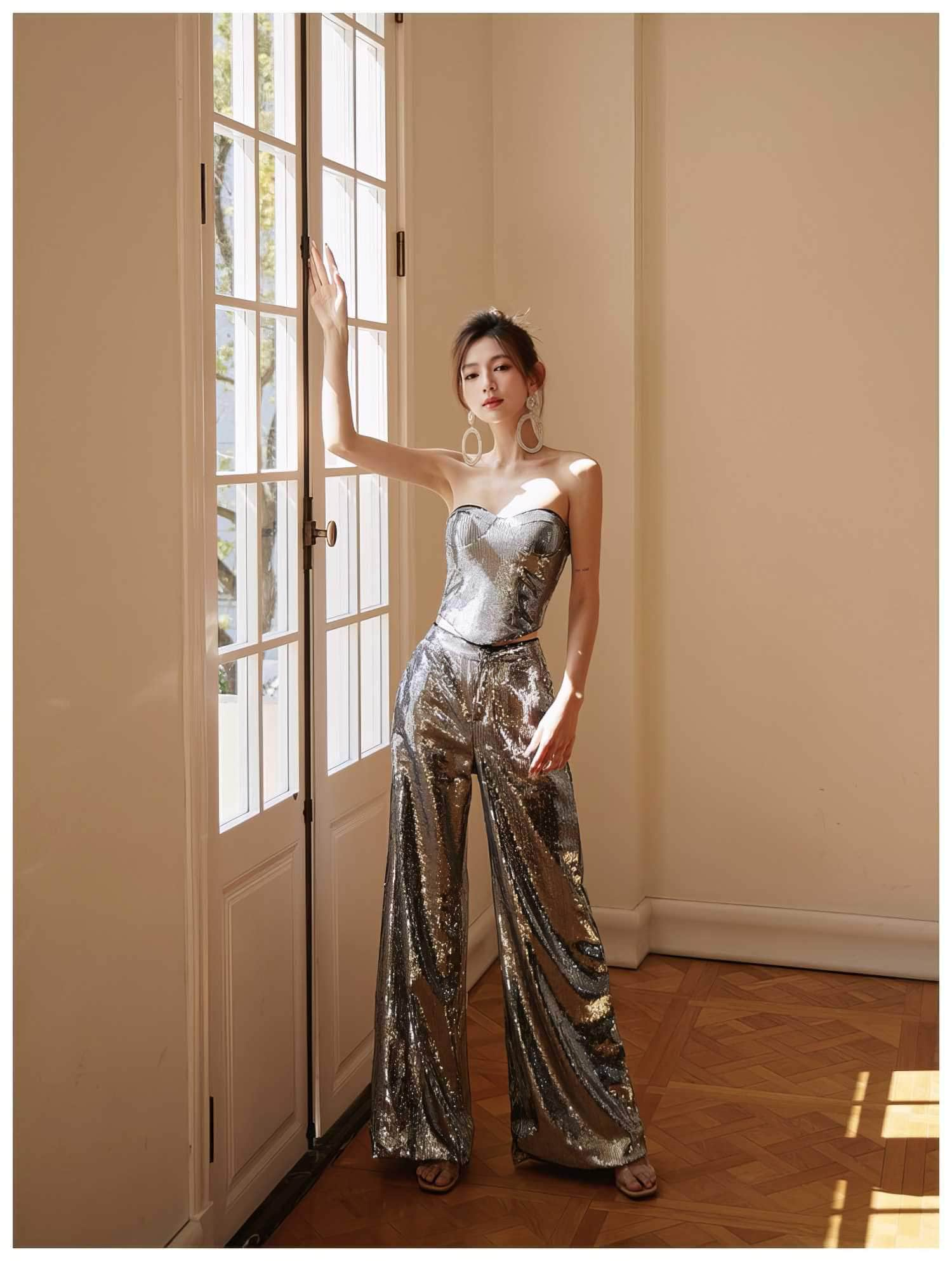 Sleeveless Wide-Leg Metallic Sequin Two-Piece Set